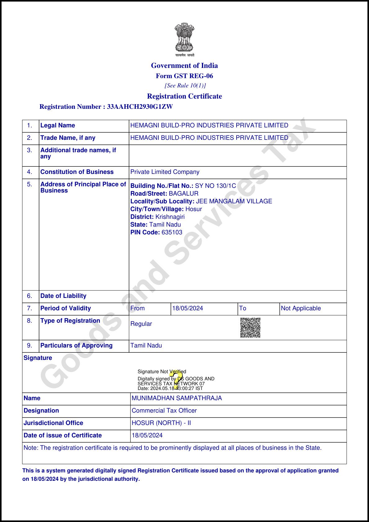GST Registration Certificate 33AAHCH2930G1ZW - Hemagni Build Pro