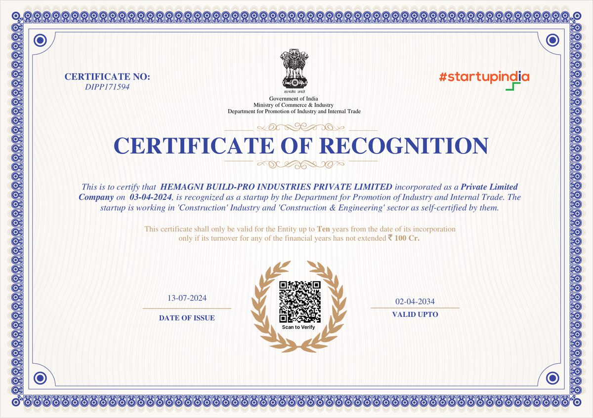 Startup India Recognition Certificate - DPIIT, Government of India - Hemagni Build Pro
